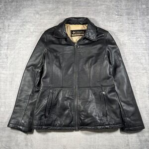 Columbia Jacket Womens Large Black Genuine Leather Full Zip Quilted Lined Biker